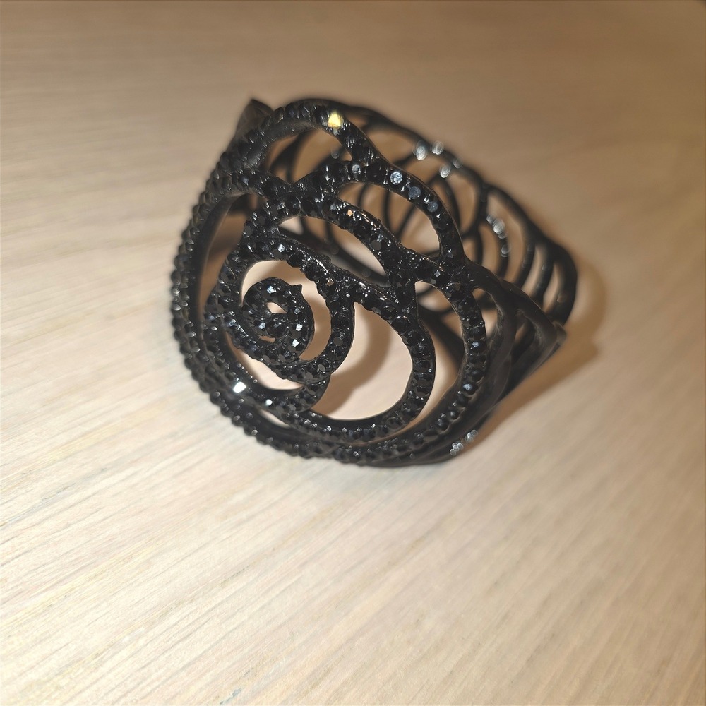 Black Rhinestone Rose Hinged Cuff Bracelet Gothic Floral Statement Jewelry Wide